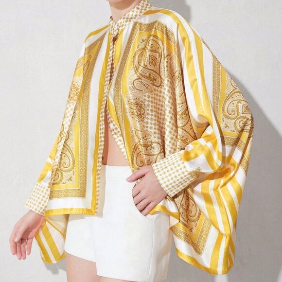 Yellow Women's Casual Color Block Print Design Long Sleeve Loose Fit Blouse - Picture 1 of 6